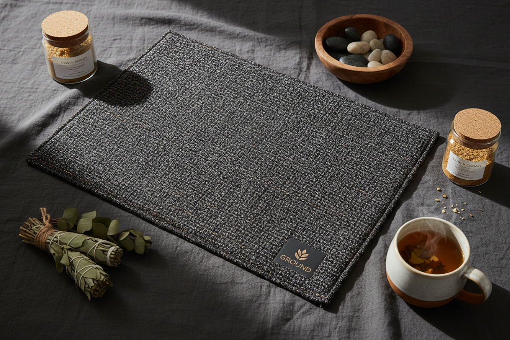 Laku Noc Grounding Mat on dark linen surface
